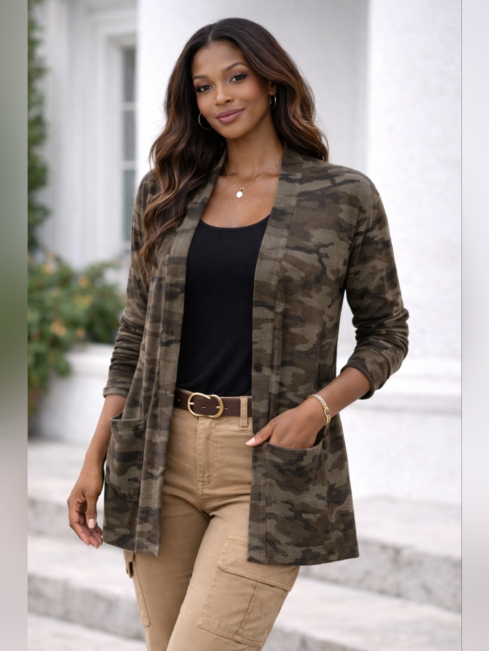 Camo Print Open Front Cardigan